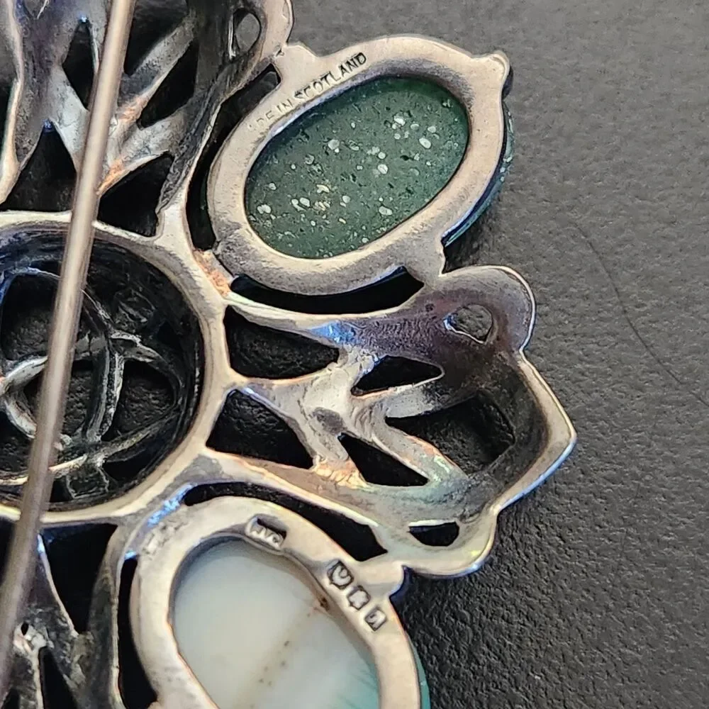 1960s Sterling Silver Celtic Cross Pin Brooch Agate Stones James Coull Scotland